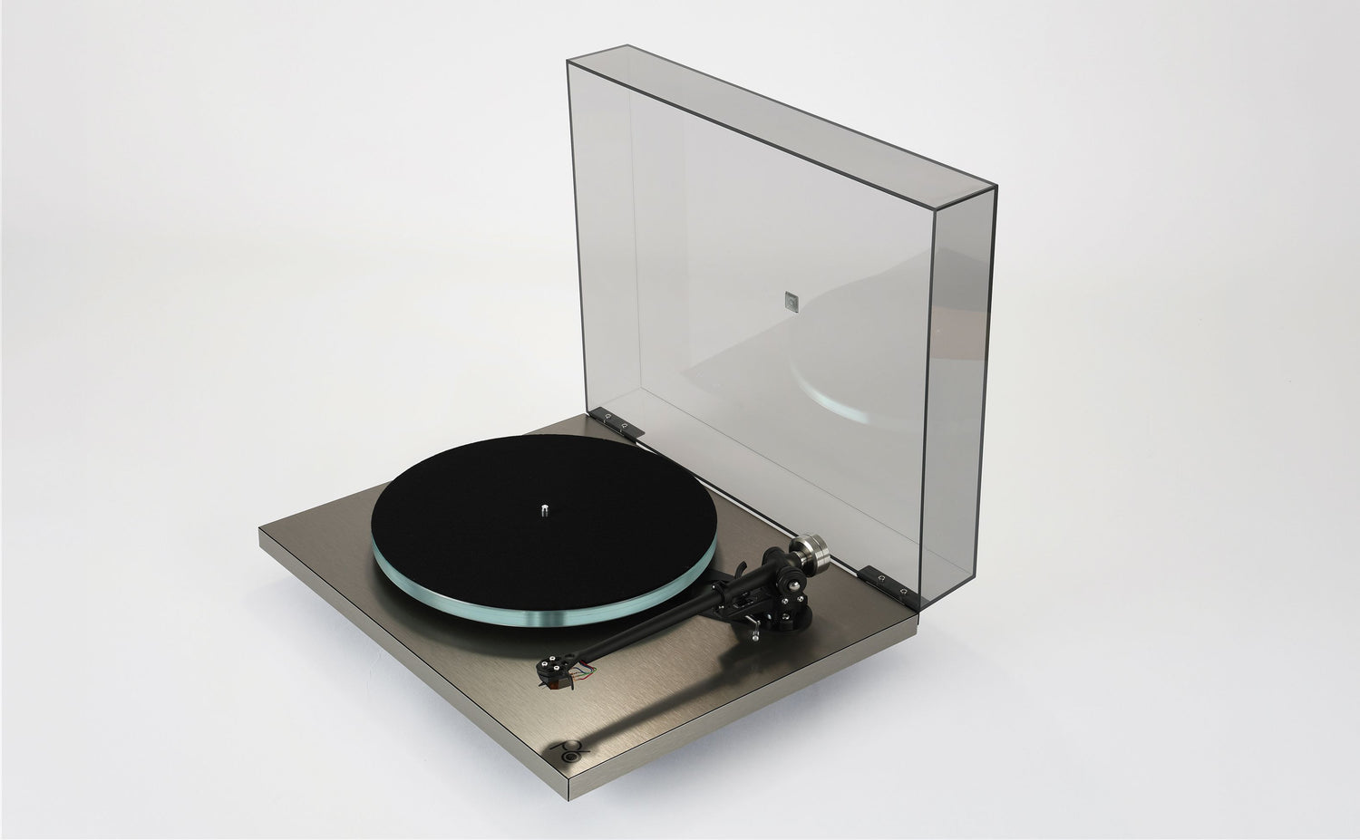 Rega Planar 6 RS turntable with black platter and transparent dust cover on brushed silver base.