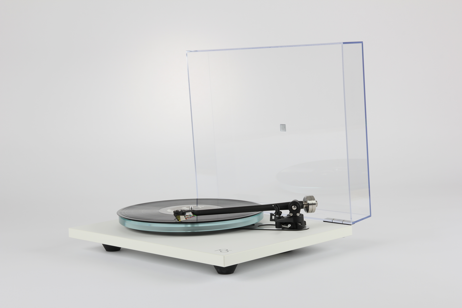 White Rega Planar 6 turntable with clear dust cover and Ania Pro cartridge.