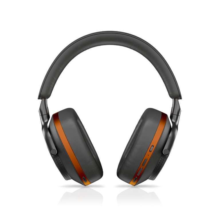 A side view of Bowers & Wilkins PX8 McLaren Edition Wireless Headphones, featuring Galvanic grey leather with Papaya orange details.