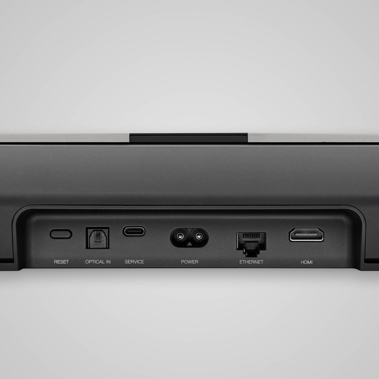 Back panel of a B&W Panorama 3 Sound Bar with various ports on a light gray background.