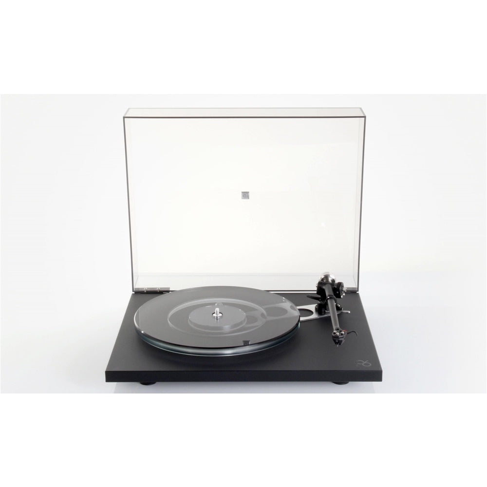 Black Rega Planar 6 turntable with transparent dust cover open and no cartridge installed.