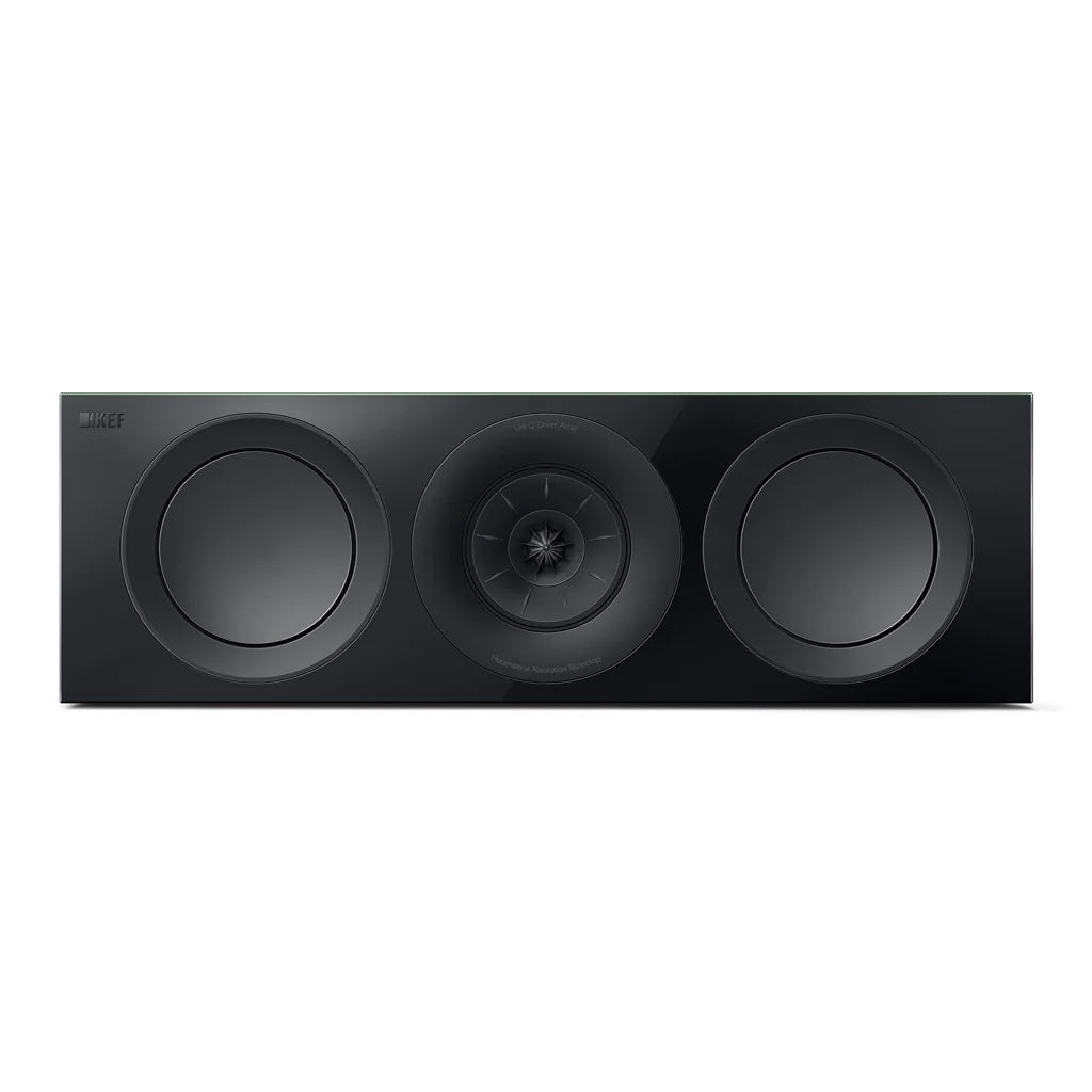 KEF R6 Meta Centre Channel speaker, black, with a three-driver unit design including a central tweeter and flanking bass drivers.