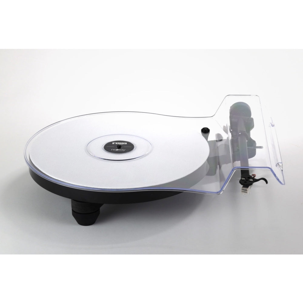 White Rega Replay turntable with a minimalist platter, black tonearm, and compact black base.