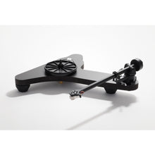 Black Rega Replay turntable with a sleek plinth, circular platter, and tonearm for home audio systems.