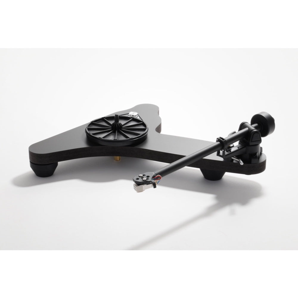 Black Rega Replay turntable with a sleek plinth, circular platter, and tonearm for home audio systems.