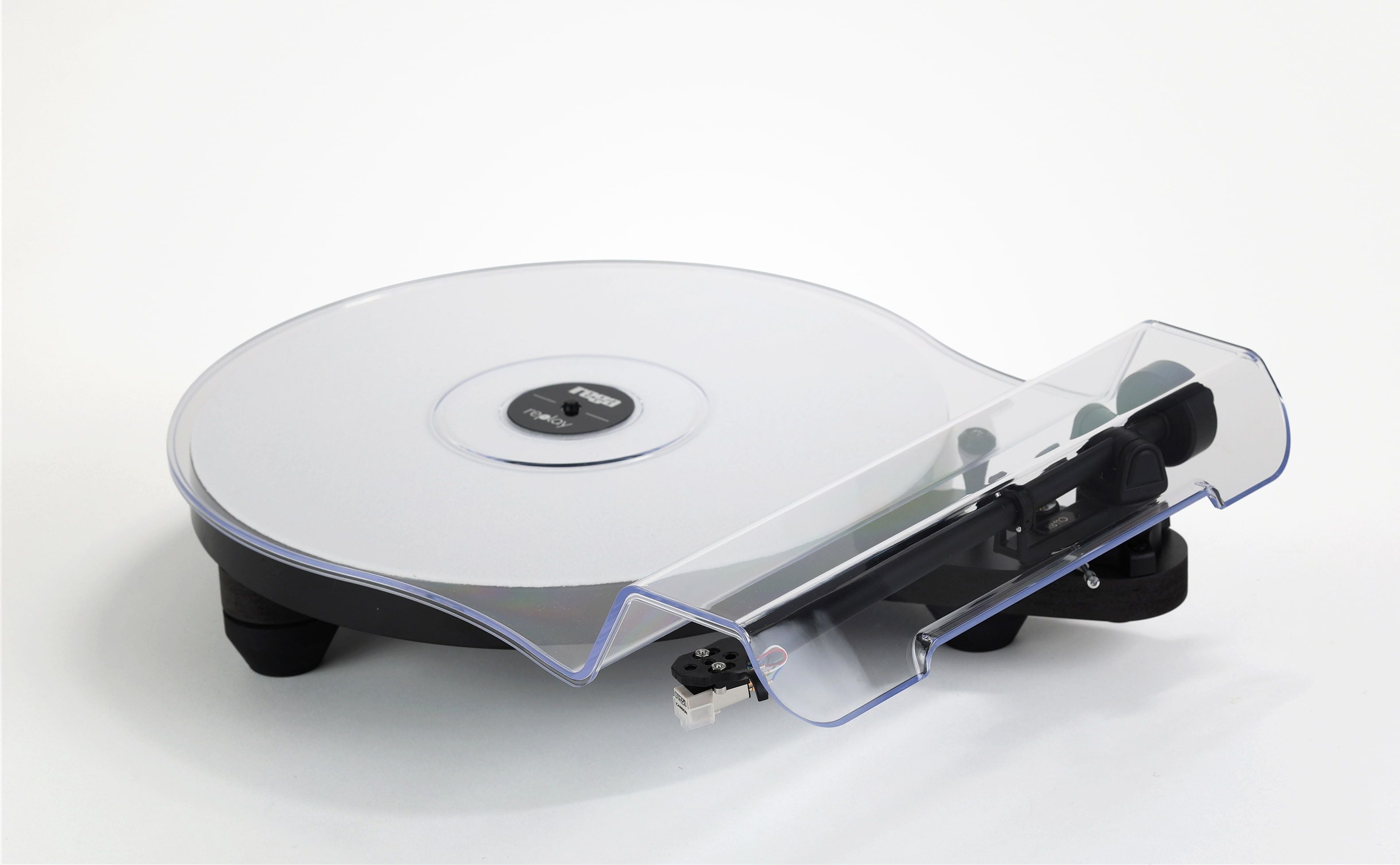 Rega Replay turntable with a clear acrylic dust cover, black platter and compact black base.
