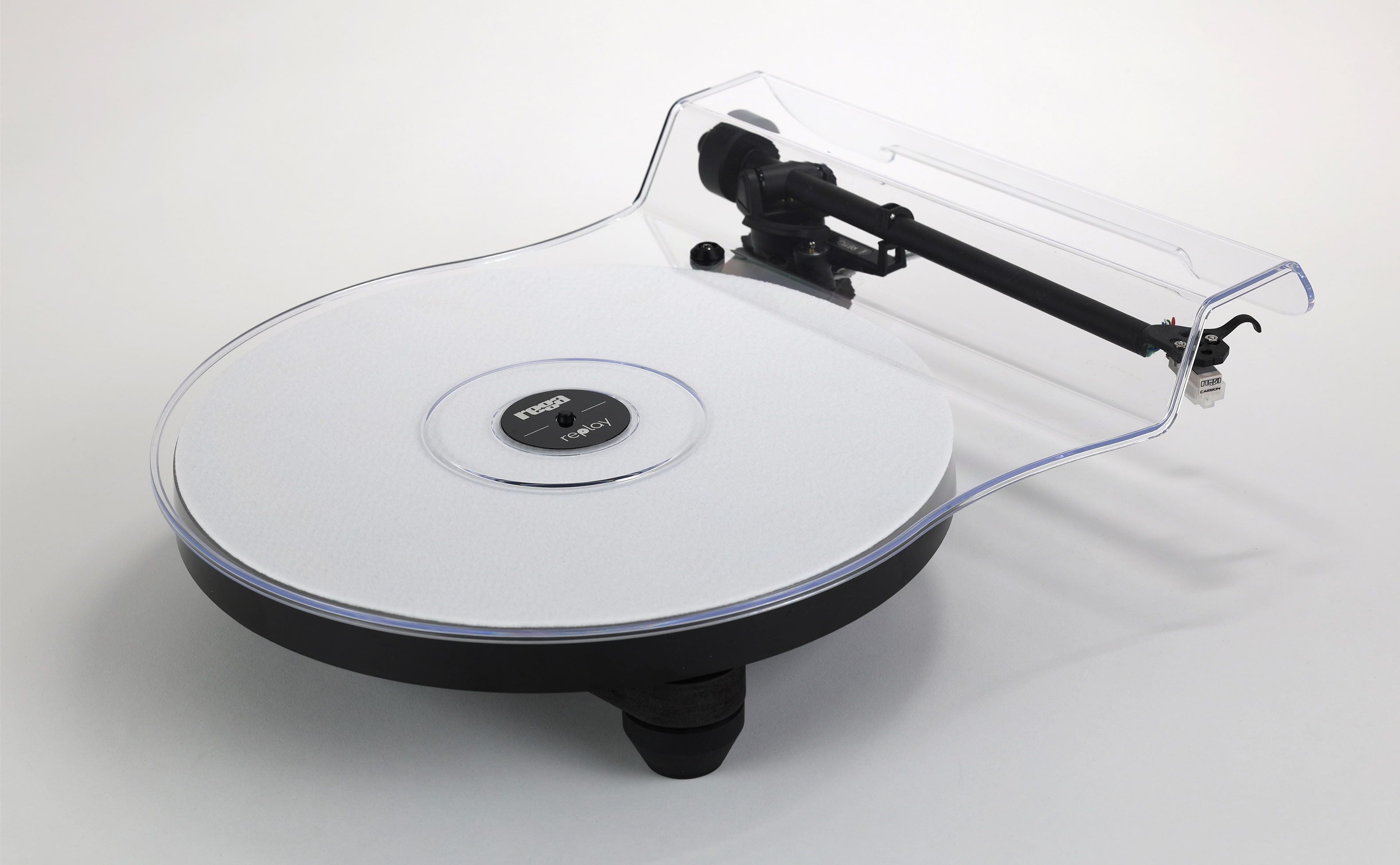 Rega Replay turntable with a white platter, black base, and sleek tonearm with cartridge.