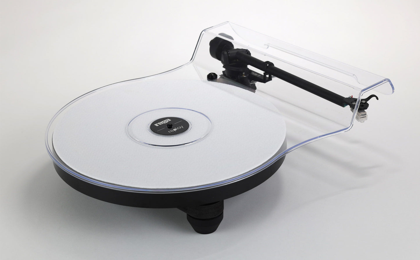 Rega Replay turntable with a white platter, black base, and sleek tonearm with cartridge.