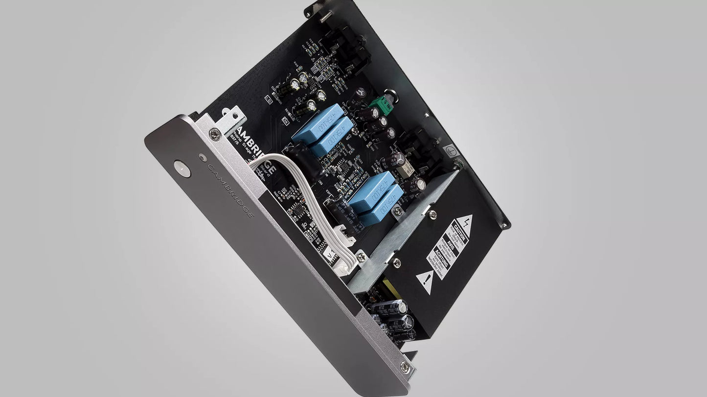 Electronic module of a Cambridge Audio SOLO MM Phono Stage with visible branding on a gray background