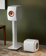 White speakers on KEF S2 Floor Stands for LS Series against a green wall.