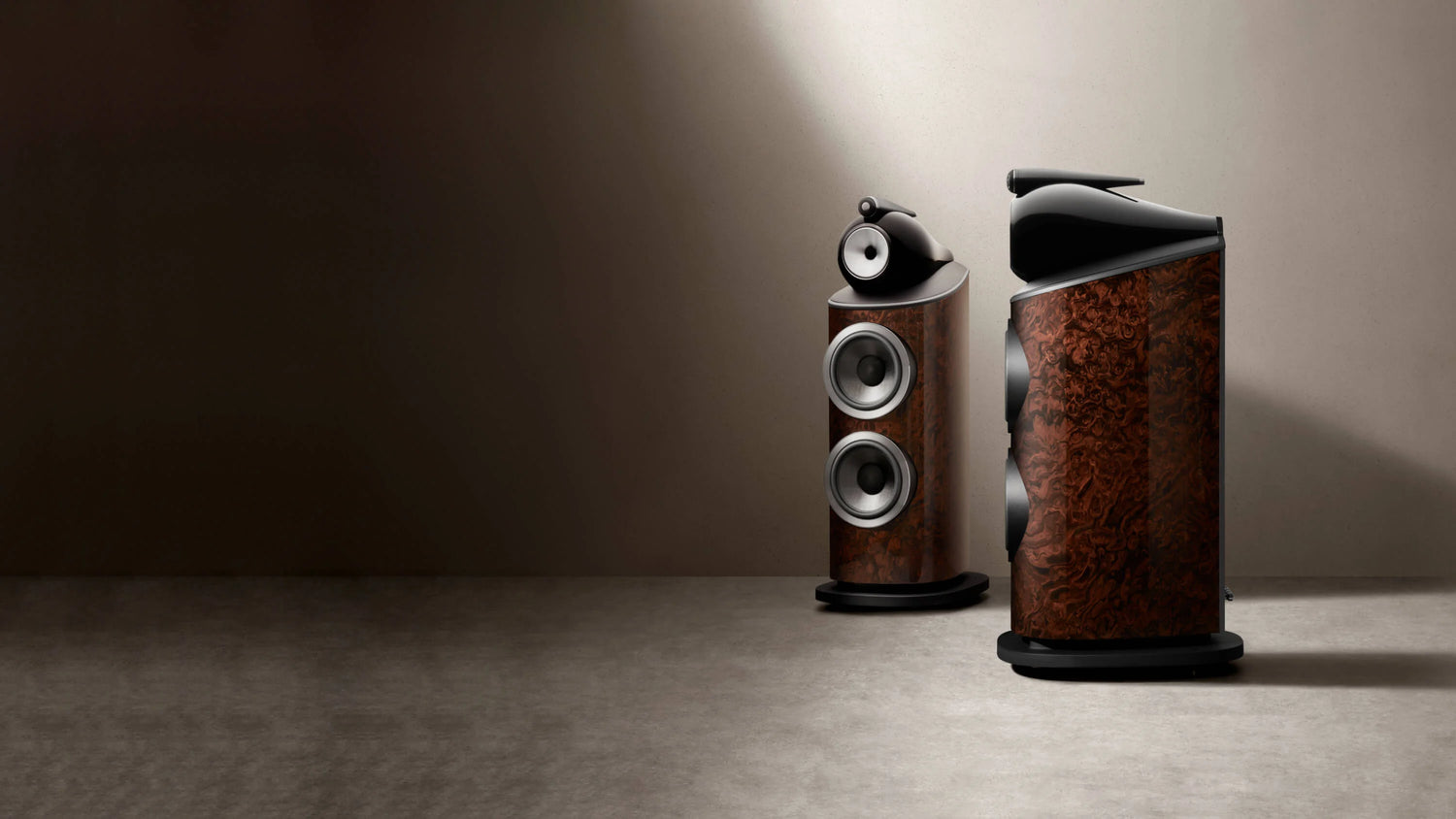 A pair of B&W 801 Signature Reference Speakers in California burl gloss finish.