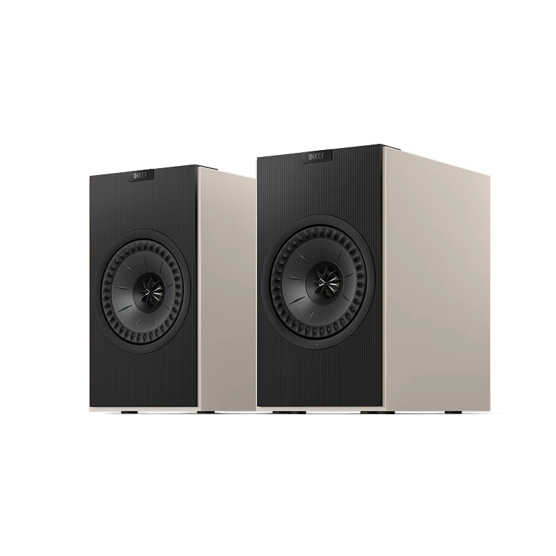 Beige KEF Coda W Powered Speakers.