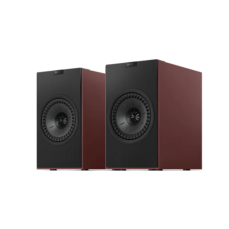 Burgundy KEF Coda W Powered Speakers.