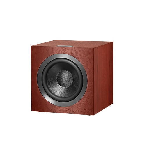 A white Bowers & Wilkins DB4S 10” Subwoofer in rosenut color, featuring a single driver with an aerofoil cone design.