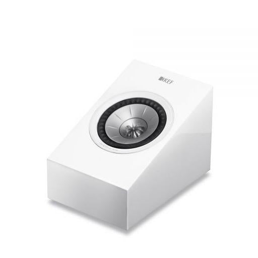 A white KEF R8a Dolby Atmos speaker designed for bookshelf use, with a visible central dome and a surrounding frame.