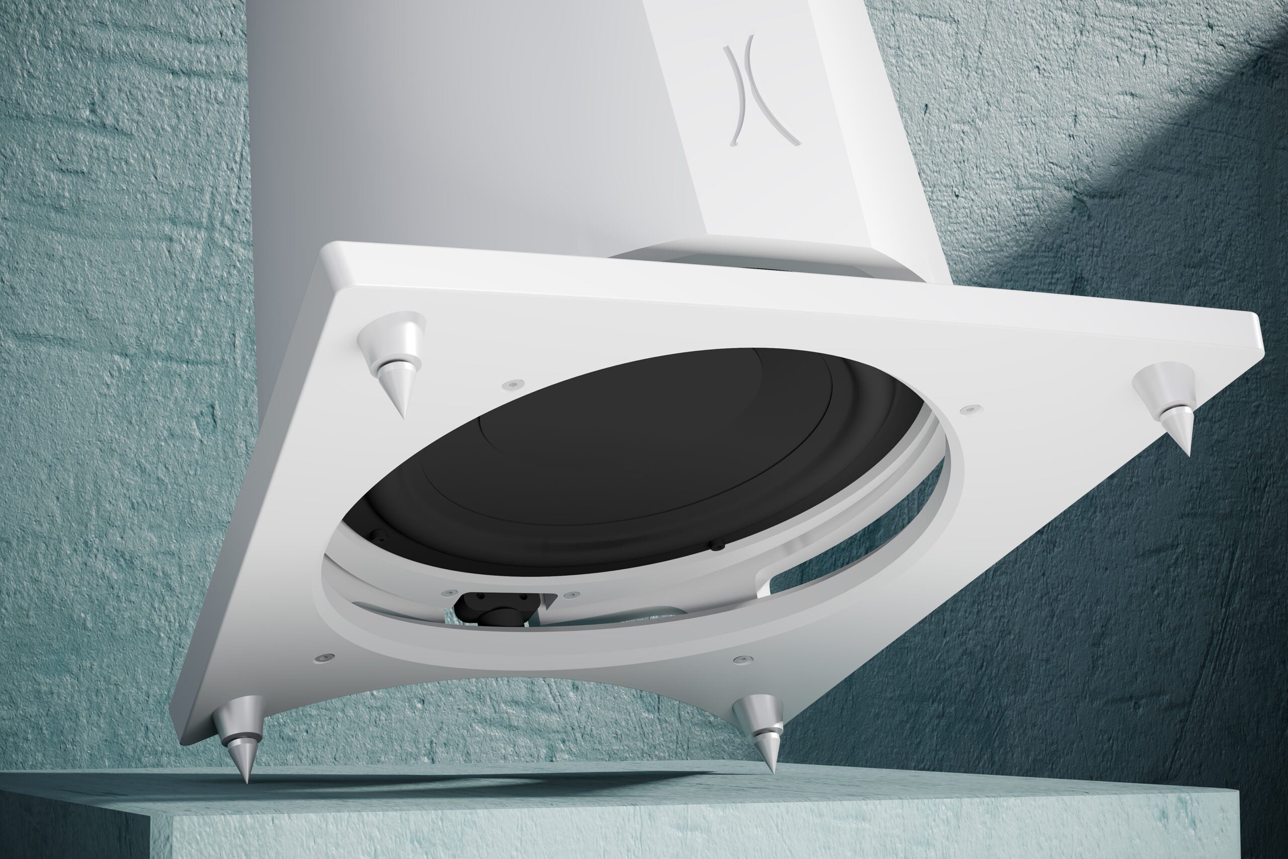 A closeup on an Estelon white Aura Floor Standing Speaker with a white front and black base, featuring a minimalist design on a modern background.