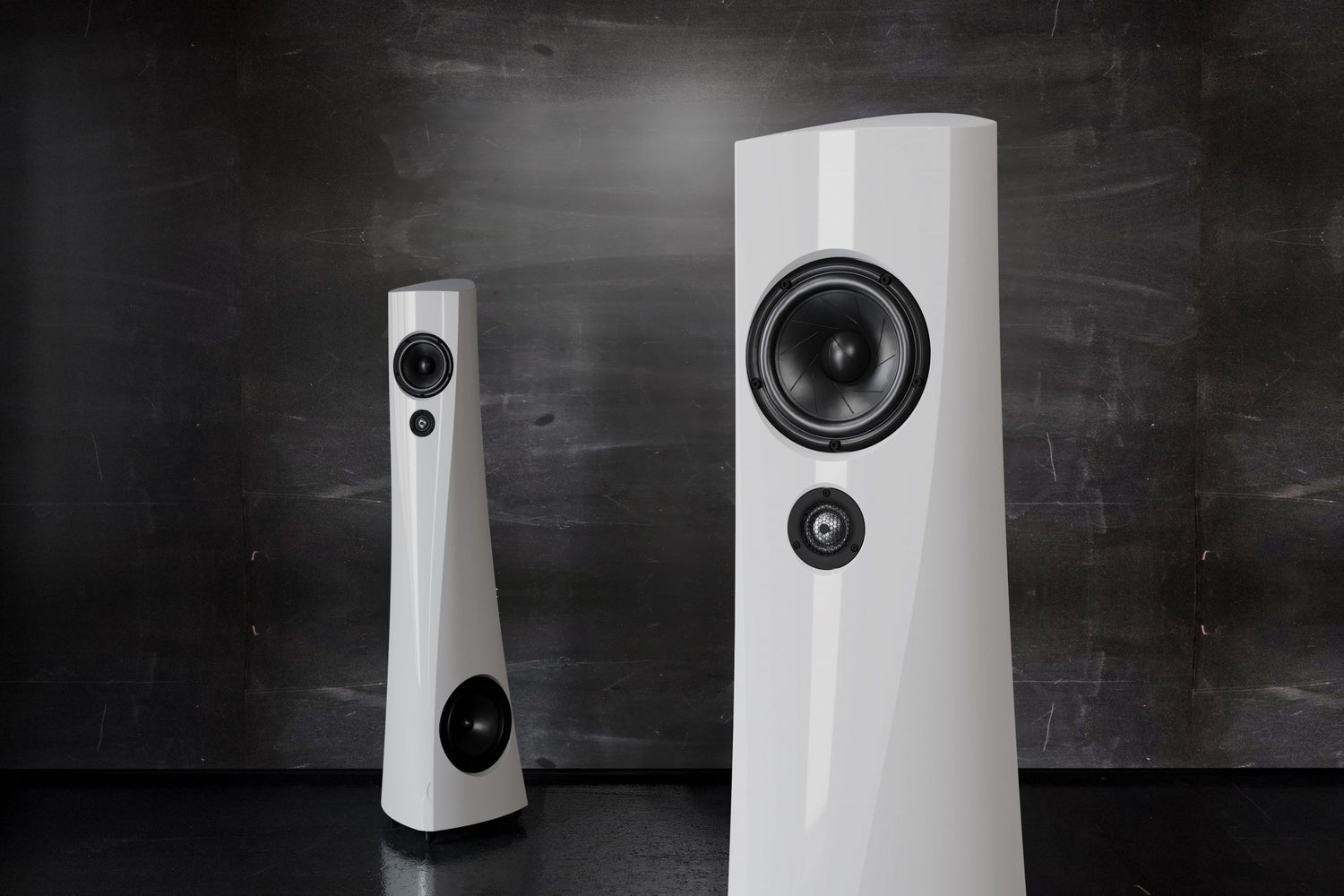 A detail on a tweeter of a white Estelon YB MK II Reference Speaker.