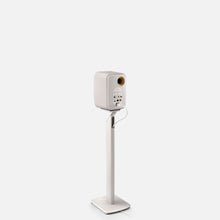 A back side of a white KEF speaker on a KEF S1 Floor Stands for LSX II against a white background