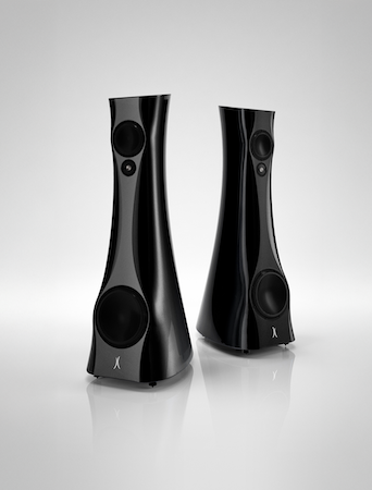 Two black Estelon X Diamond MK II Reference speakers on a reflective gray surface with a light gray background.