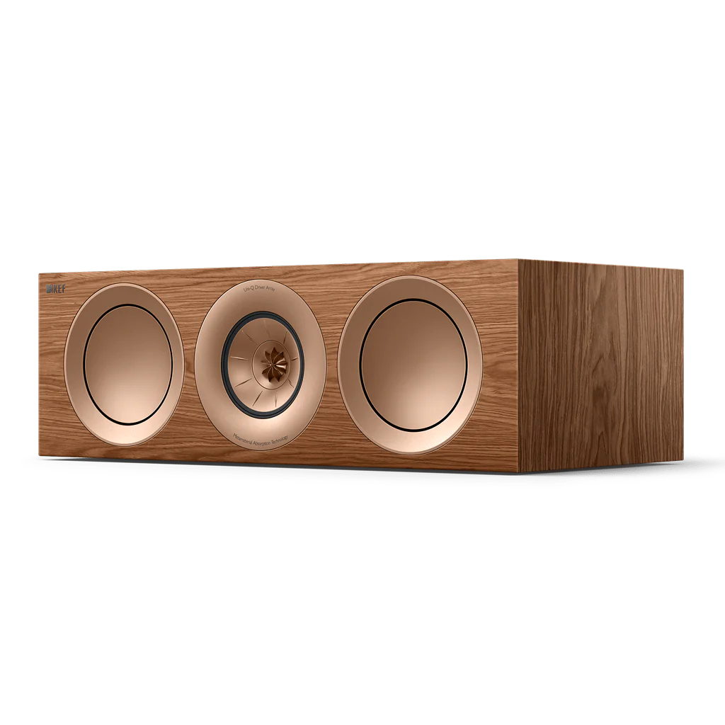 KEF R6 Meta Centre Channel speaker, walnut, with a three-driver unit design including a central tweeter and flanking bass drivers.