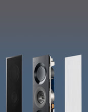 Three KEF Ci3160REFM-THX Reference In-Wall speakers of without a cover and with different covers on a gradient blue background