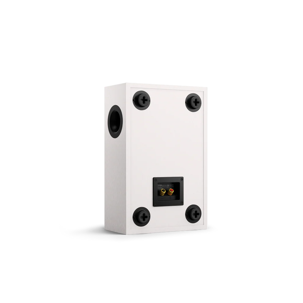 A back side of a satin white on-wall KEF Q4 Meta On-Wall Speaker.