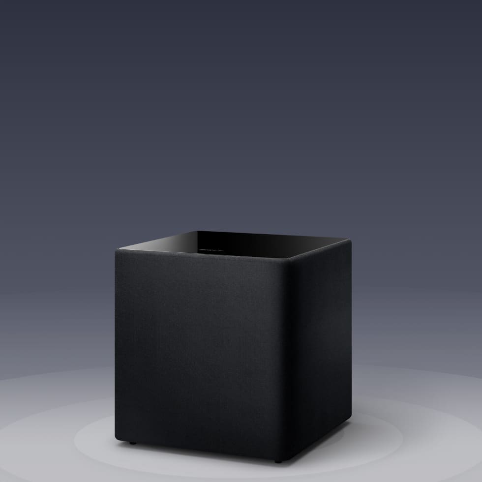 Black square KEF KUBE 12 MIE 12" Subwoofer on a gray background