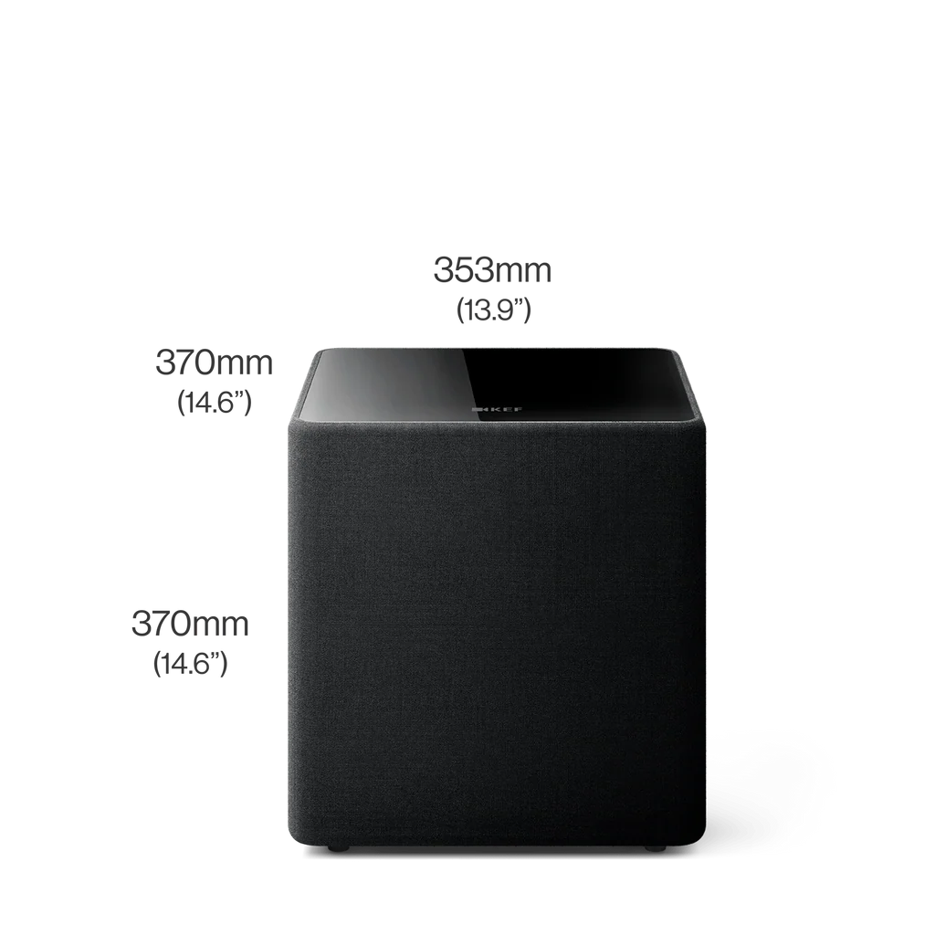 A black KEF KUBE 10 MIE 10" Subwoofer with dimensions.