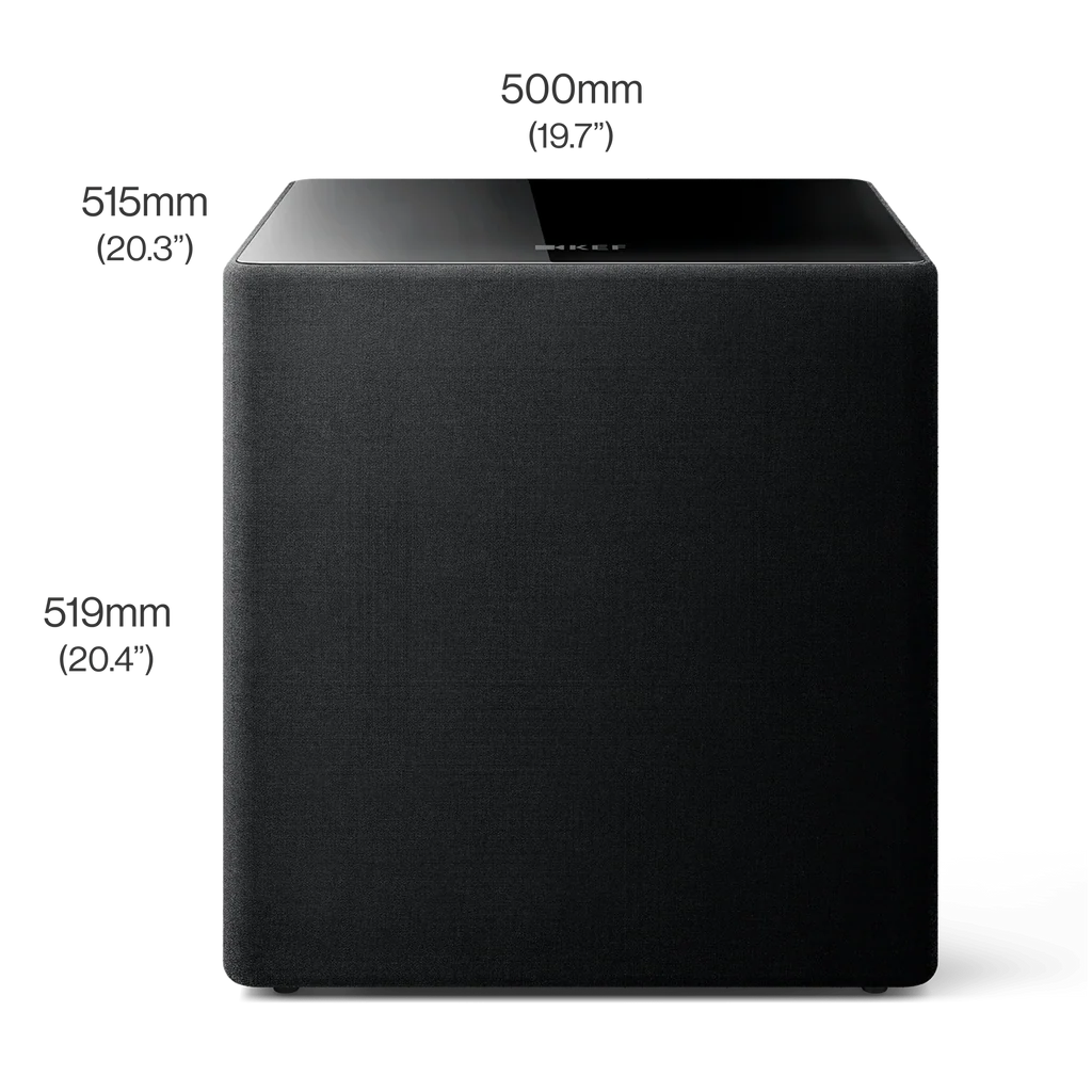 Black KEF KUBE 15 MIE 15" Subwoofer
 with dimensions labeled on a white background