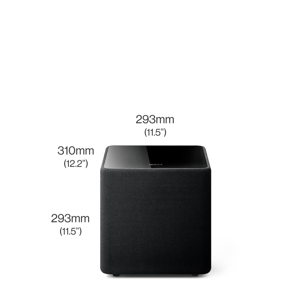 Black KEF KUBE 8 MIE 8" Subwoofer with dimensions labeled on a white background