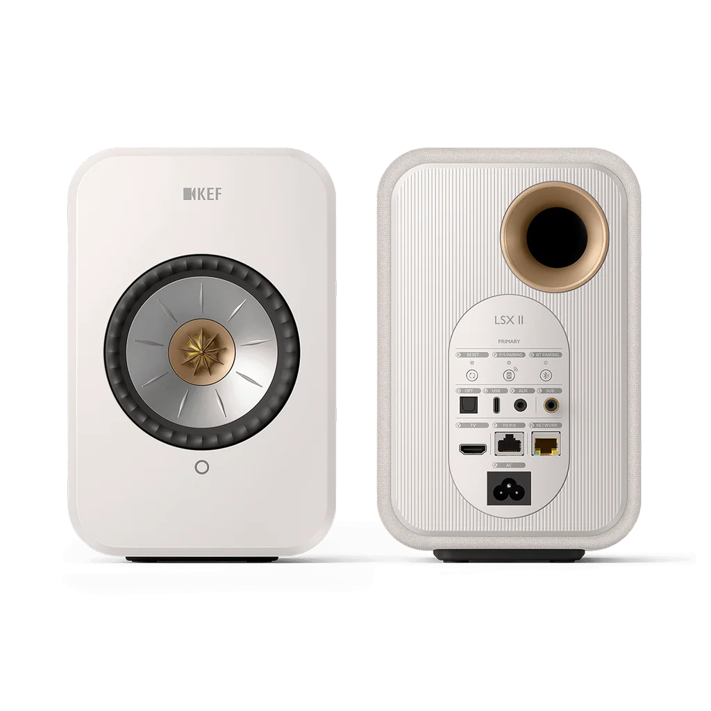 Cotton white KEF LSX II speakers on a white background