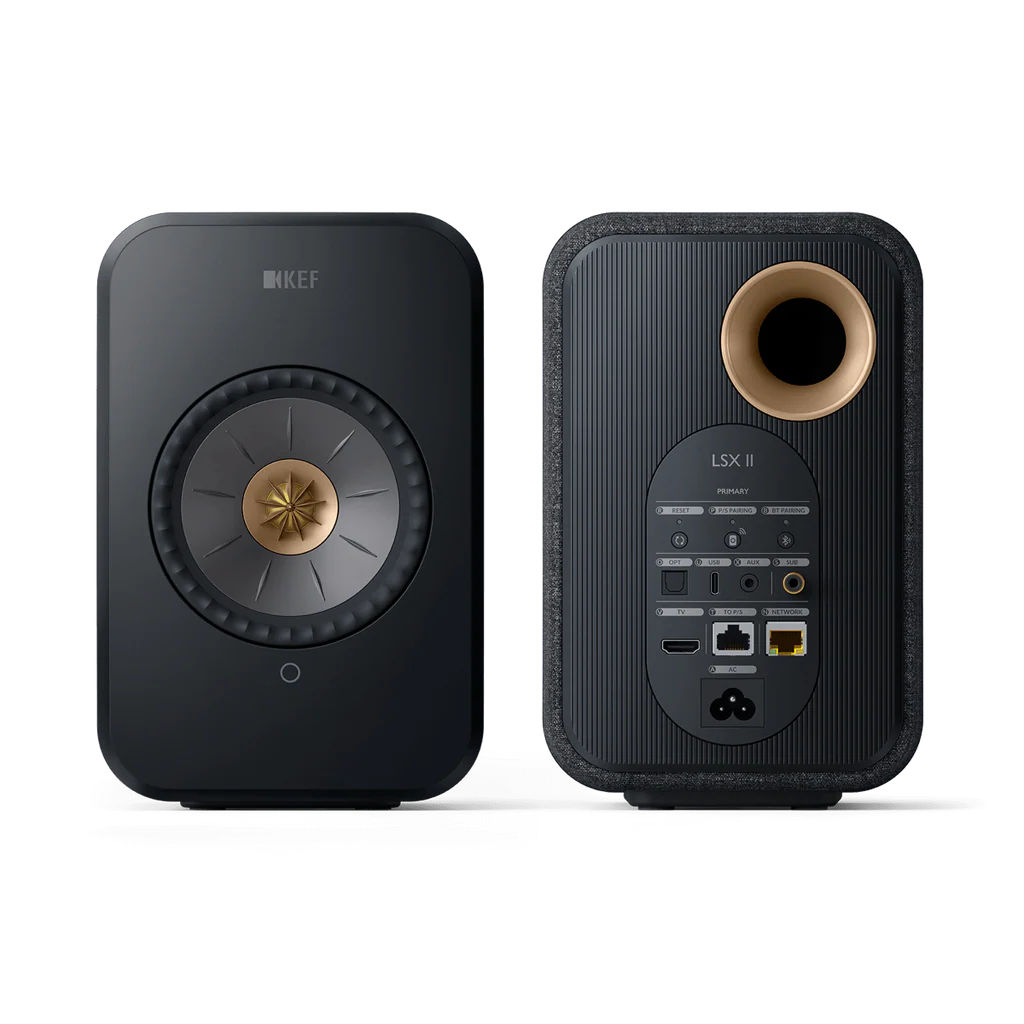 Carbon black KEF speakers on a white background