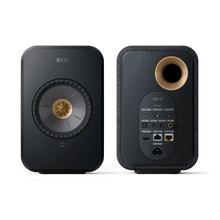 Carbon black KEF speakers on a white background