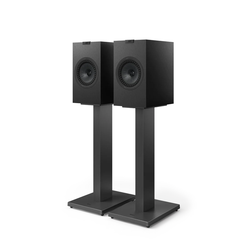 Pair of black speakers on KEF Dedicated Stand for Q Series against a white background