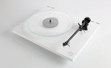 White Rega Planar 2 With Nd3 Cartridge with a clear platter on a white background