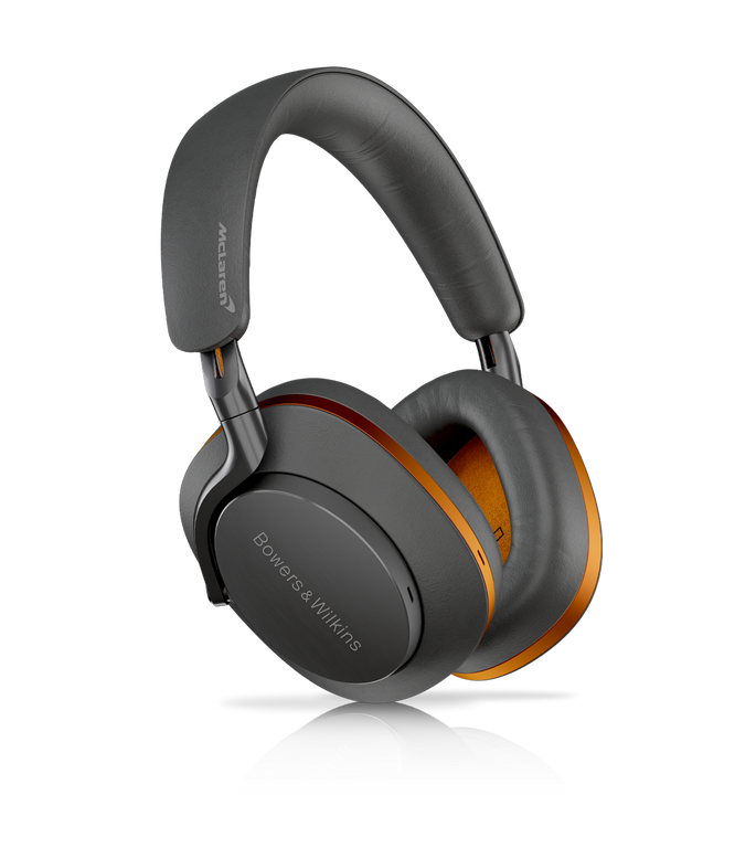 Side view of Bowers & Wilkins PX8 McLaren Edition Wireless Headphones, featuring Galvanic grey leather with Papaya orange details.