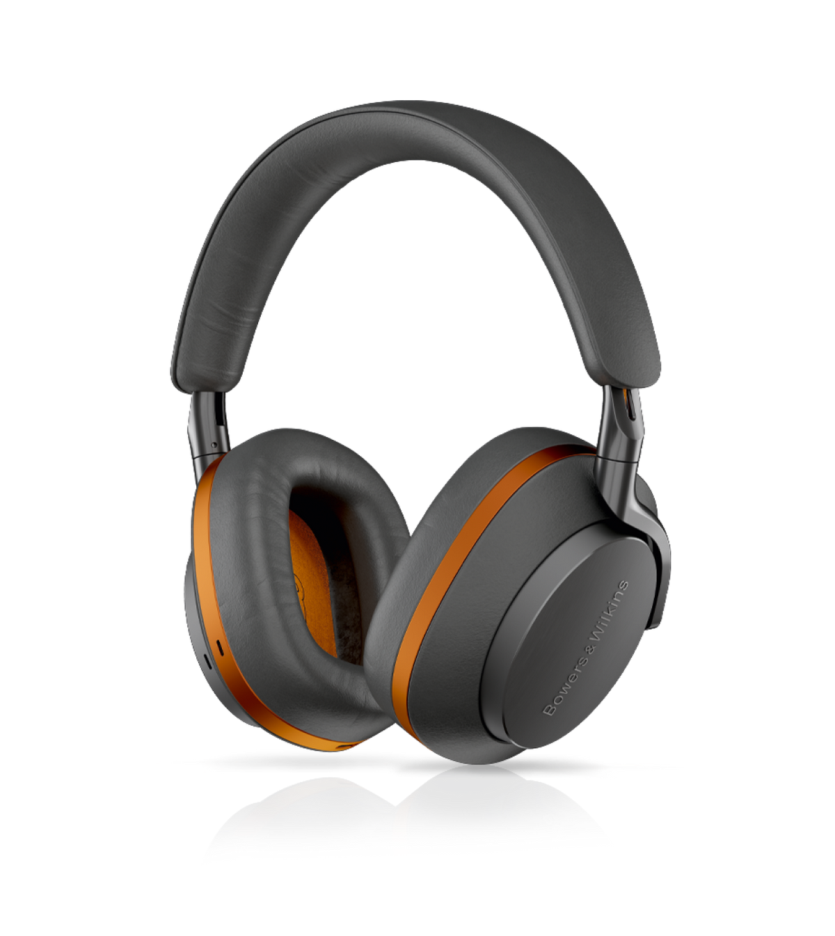 Bowers & Wilkins PX8 McLaren Edition Wireless Headphones, featuring Galvanic grey leather with Papaya orange details.