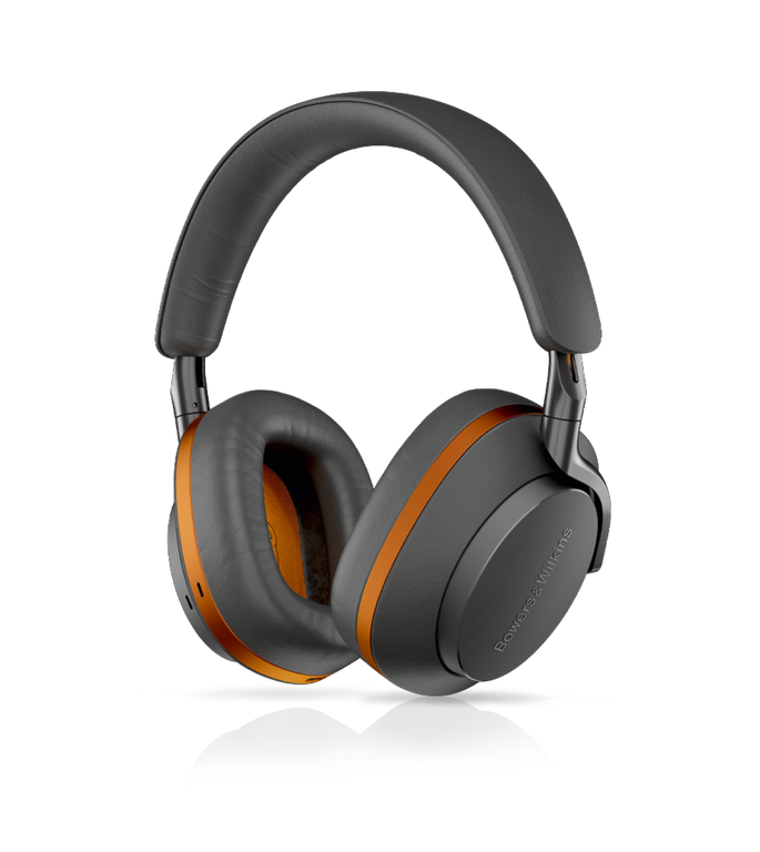 Bowers & Wilkins PX8 McLaren Edition Wireless Headphones, featuring Galvanic grey leather with Papaya orange details.
