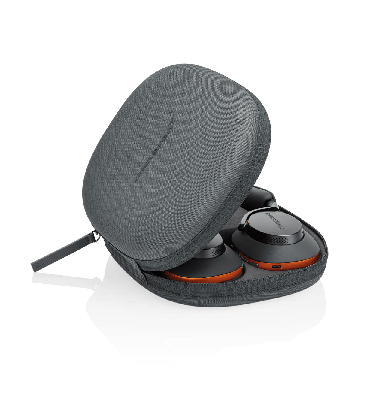 Bowers & Wilkins PX8 McLaren Edition Wireless Headphones, featuring Galvanic grey leather with Papaya orange details in a carrying case.