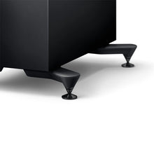 A closeup on a legs of stands of KEF R7 Meta Floor Standing Speaker in black color.