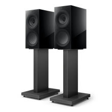 Pair of black KEF speakers on KEF S3 Floor Stand for R3 against a white background