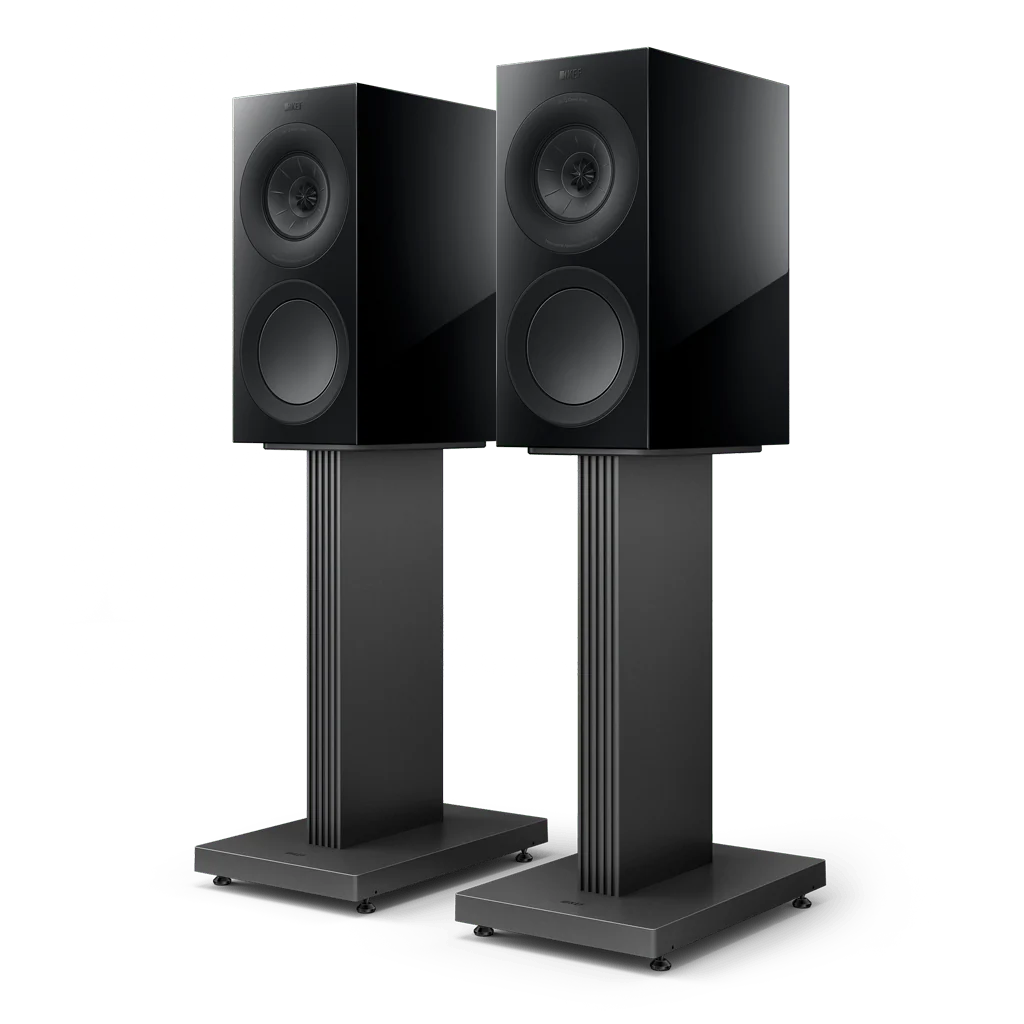 Pair of black KEF speakers on KEF S3 Floor Stand for R3 against a white background
