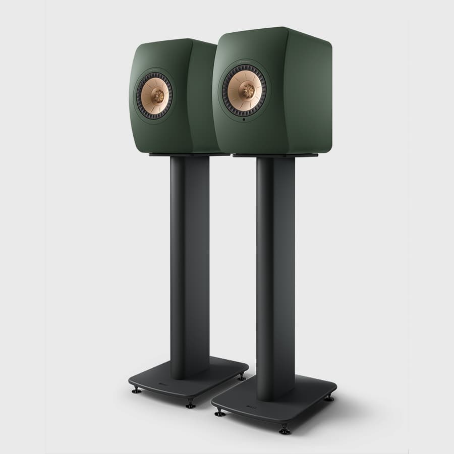 Pair of green speakers on KEF S2 Floor Stands for LS Series against a white background.