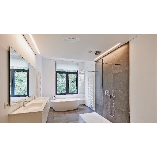 A B&W CCM682 In-Ceiling Speaker installed in a ultra modern bathroom.