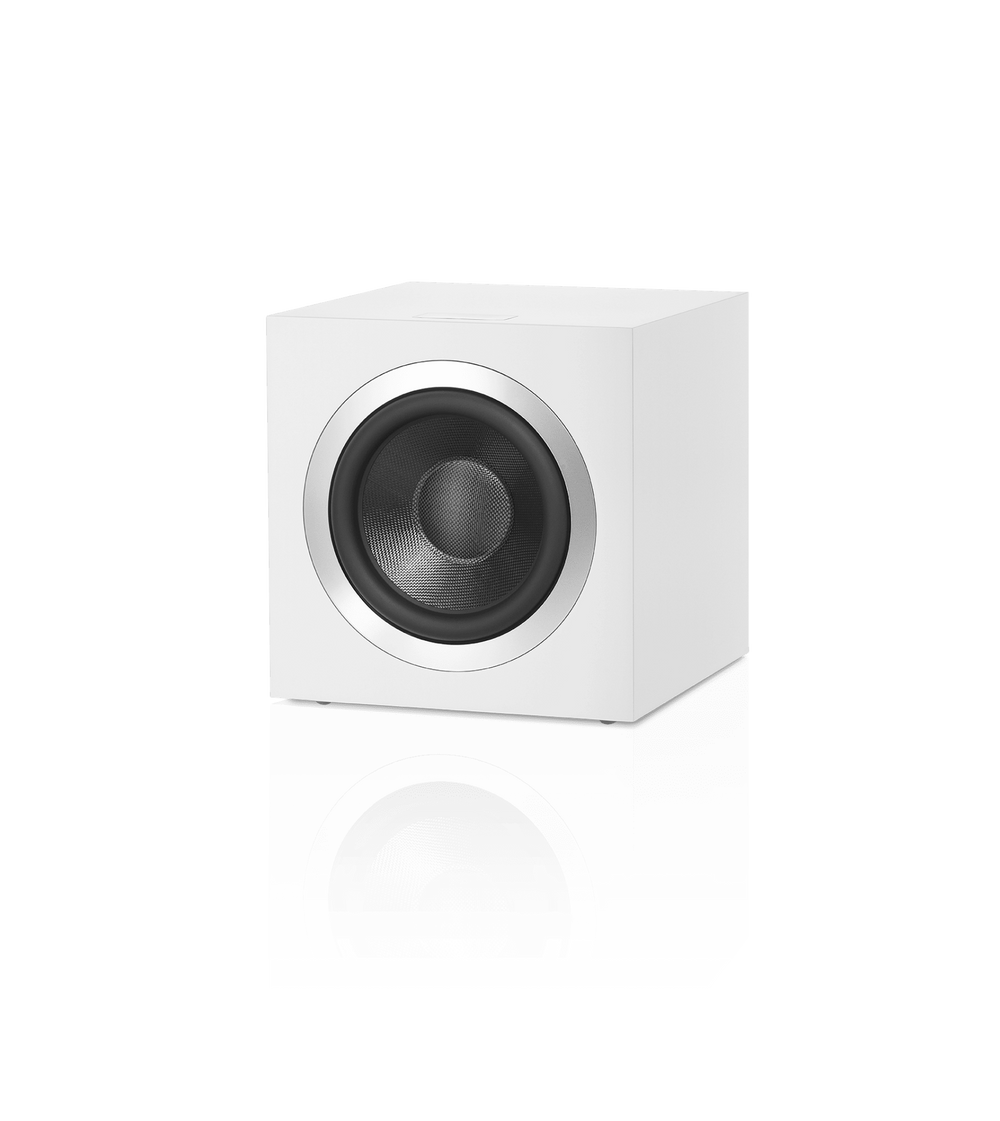 A white Bowers & Wilkins DB4S 10” Subwoofer, featuring a single driver with an aerofoil cone design.